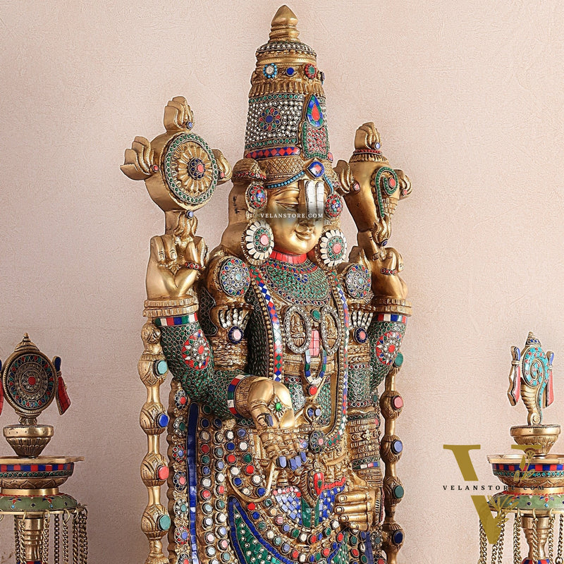 Brass Tirupati Balaji Set with Meenakari Stonework - 48" Statue & 30" Diyas