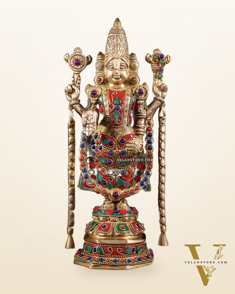 Brass Tirupati Balaji Statue 11 inch with meenakari Stonework