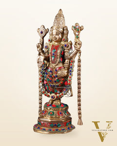Brass Tirupati Balaji Statue 11 inch with meenakari Stonework