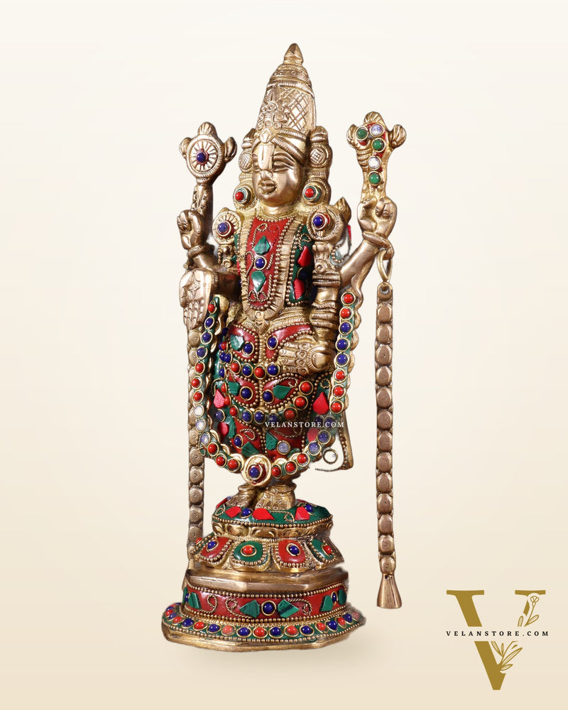 Brass Tirupati Balaji Statue 11 inch with meenakari Stonework