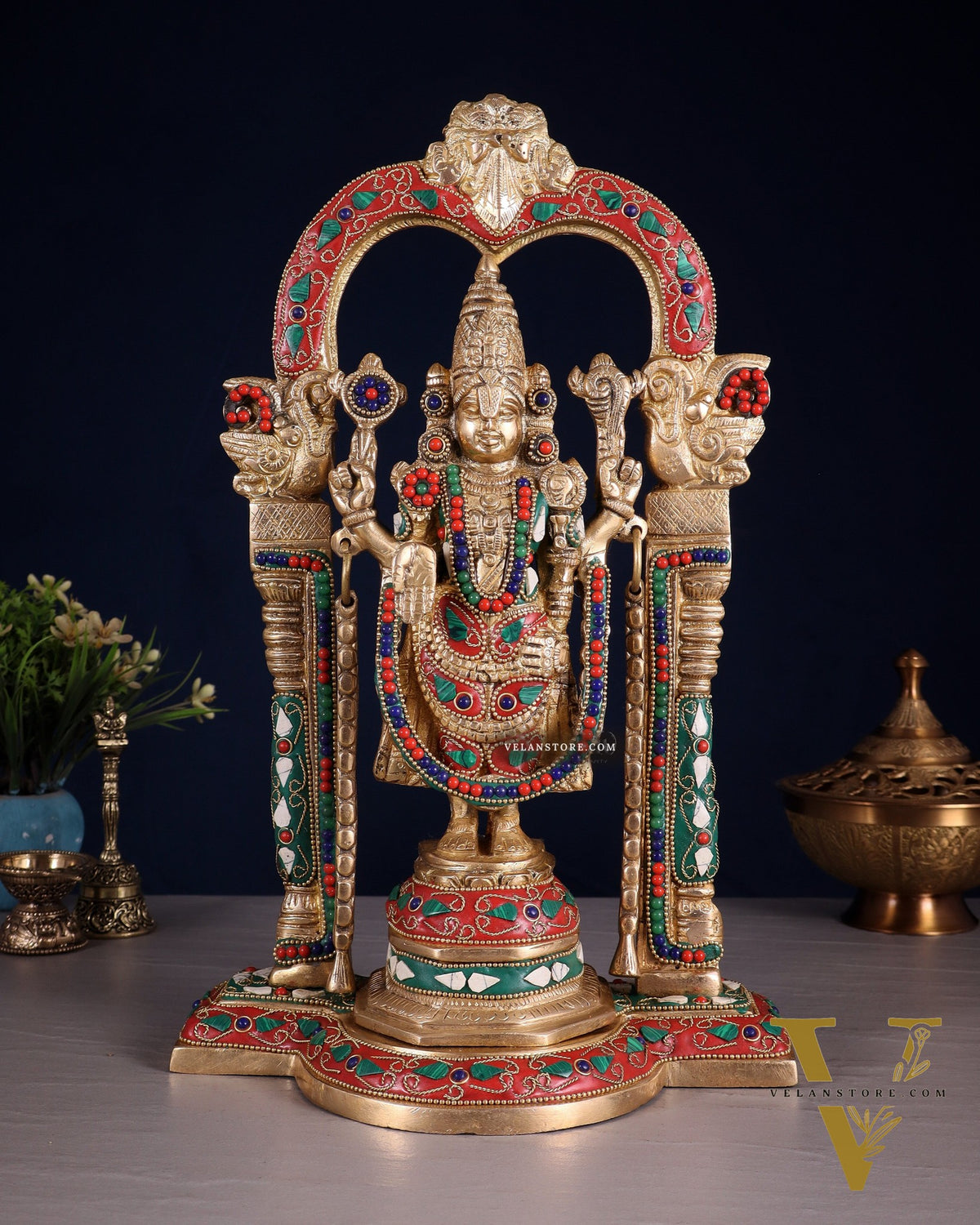 Brass Tirupati Balaji Statue 14" floral stones