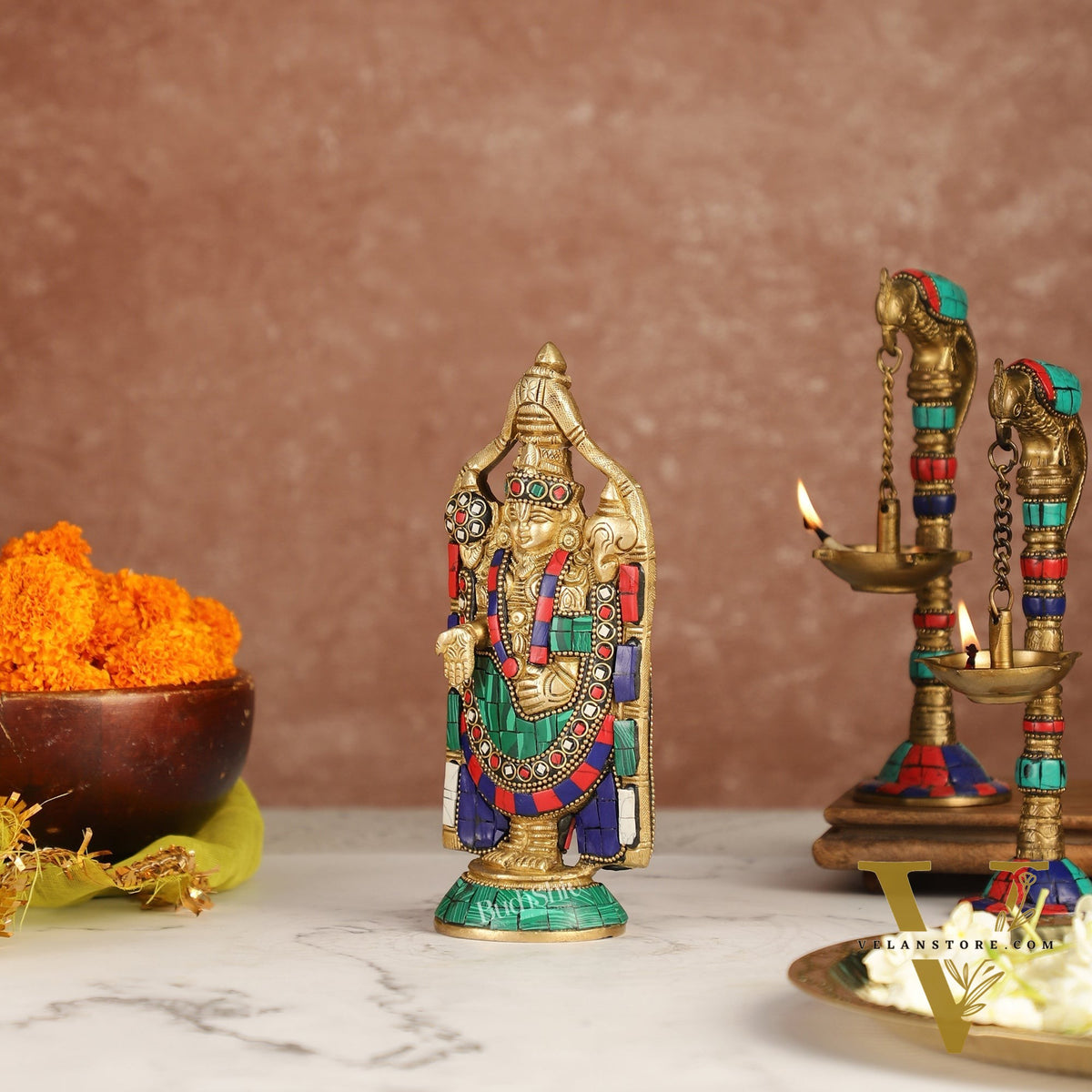 Brass tirupati Balaji statue 8" with stonework antique finish