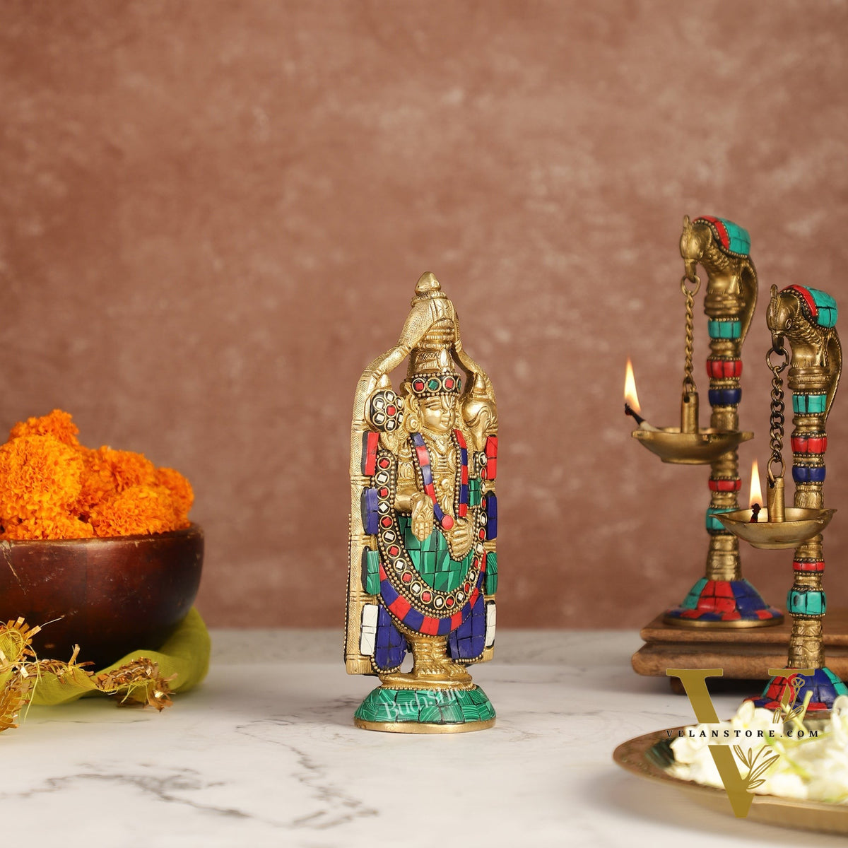 Brass tirupati Balaji statue 8" with stonework antique finish
