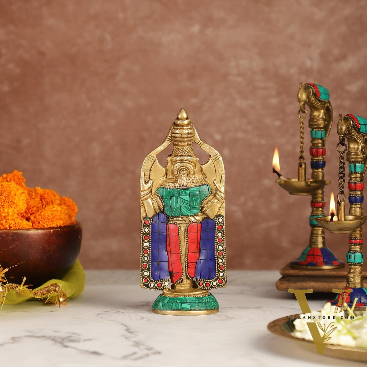 Brass tirupati Balaji statue 8" with stonework antique finish