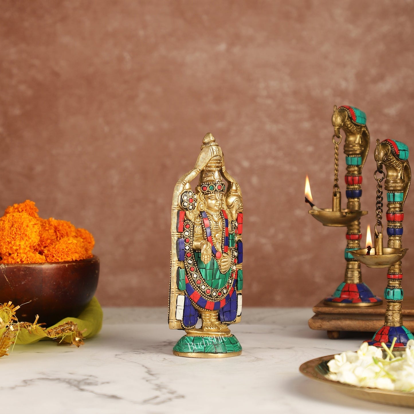 Brass tirupati Balaji statue 8" with stonework antique finish