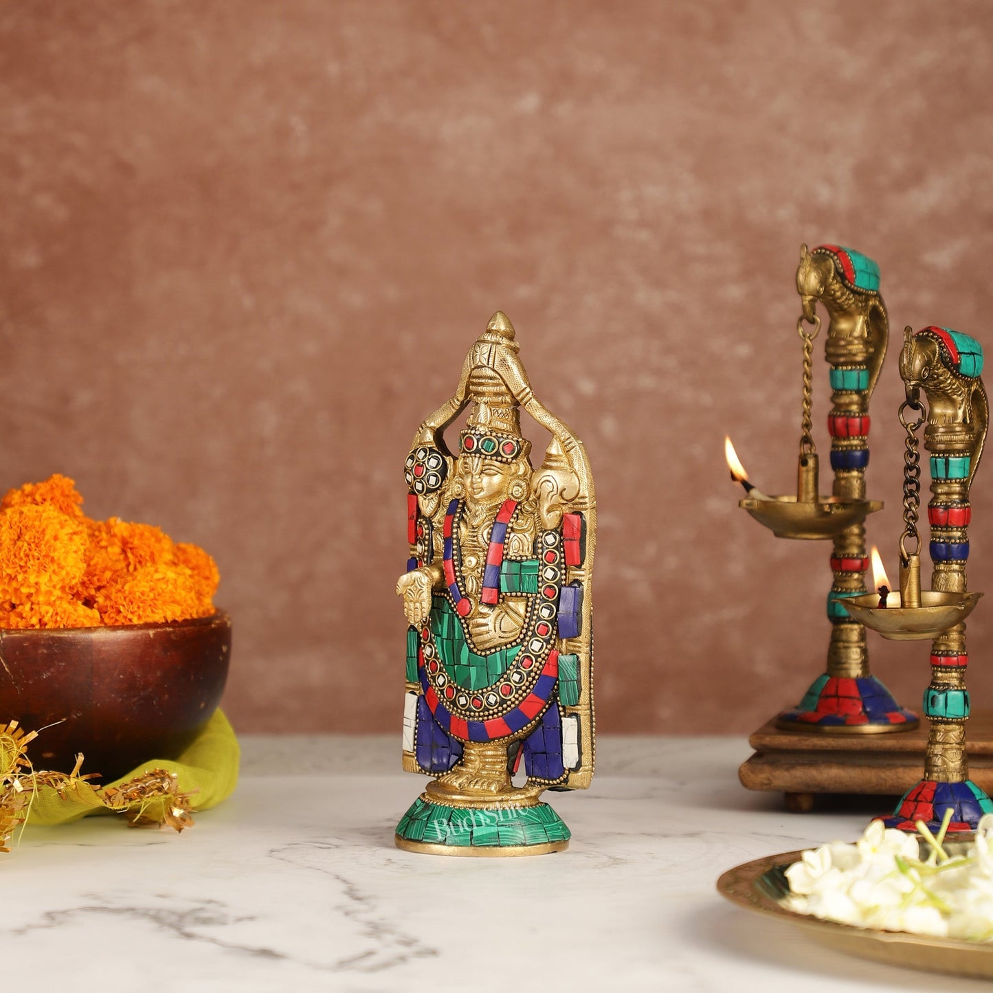 Brass tirupati Balaji statue 8" with stonework antique finish