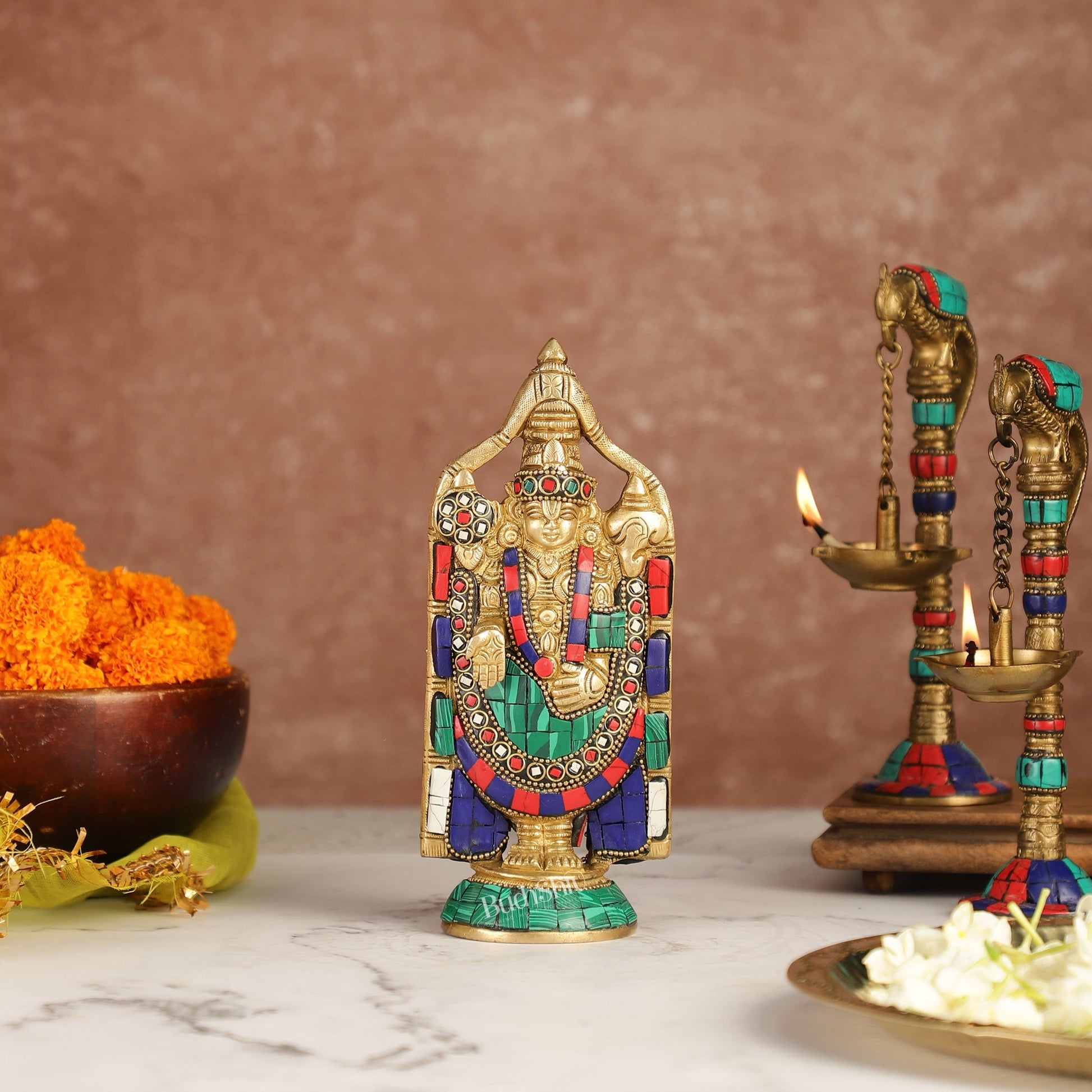 Brass tirupati Balaji statue 8" with stonework antique finish