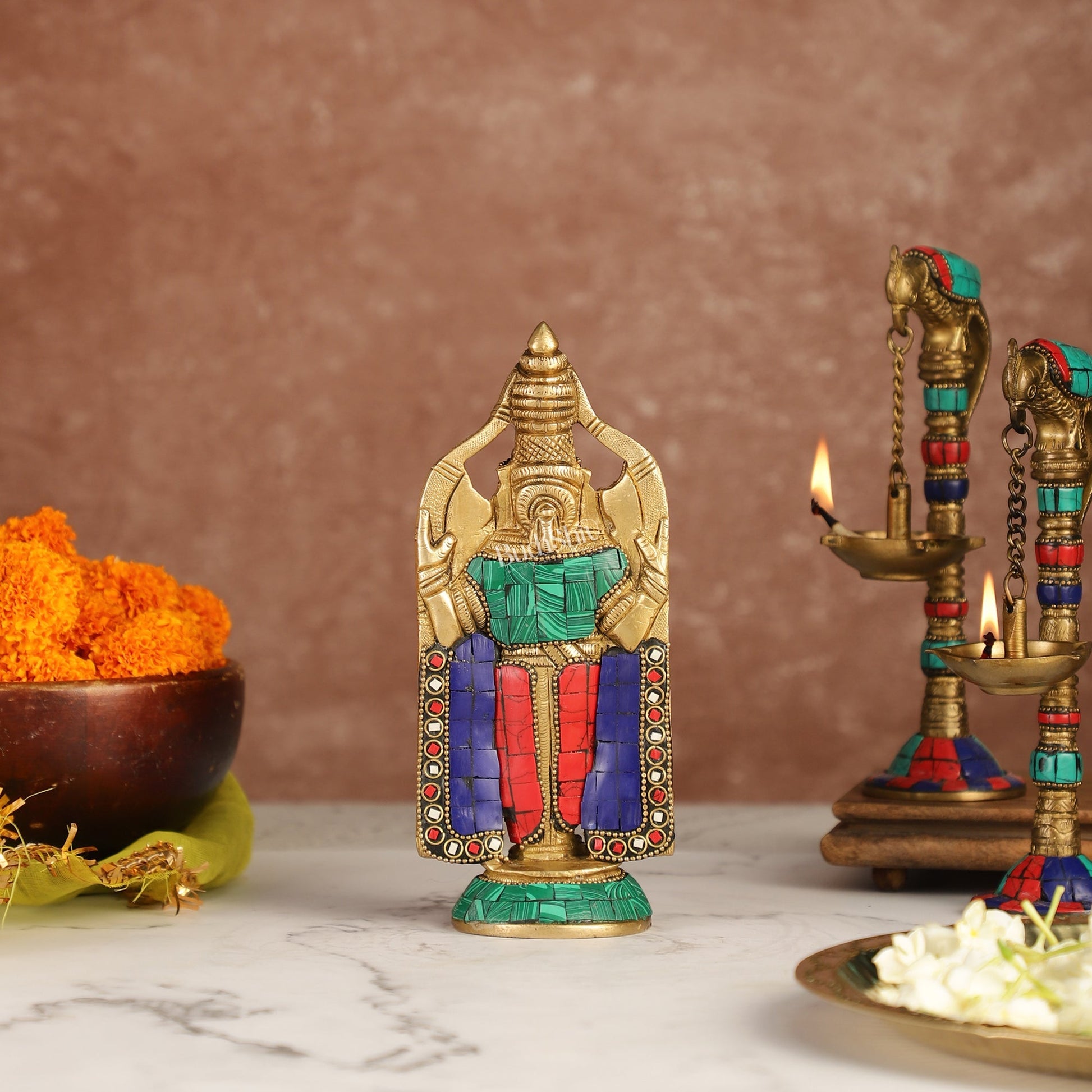 Brass tirupati Balaji statue 8" with stonework antique finish