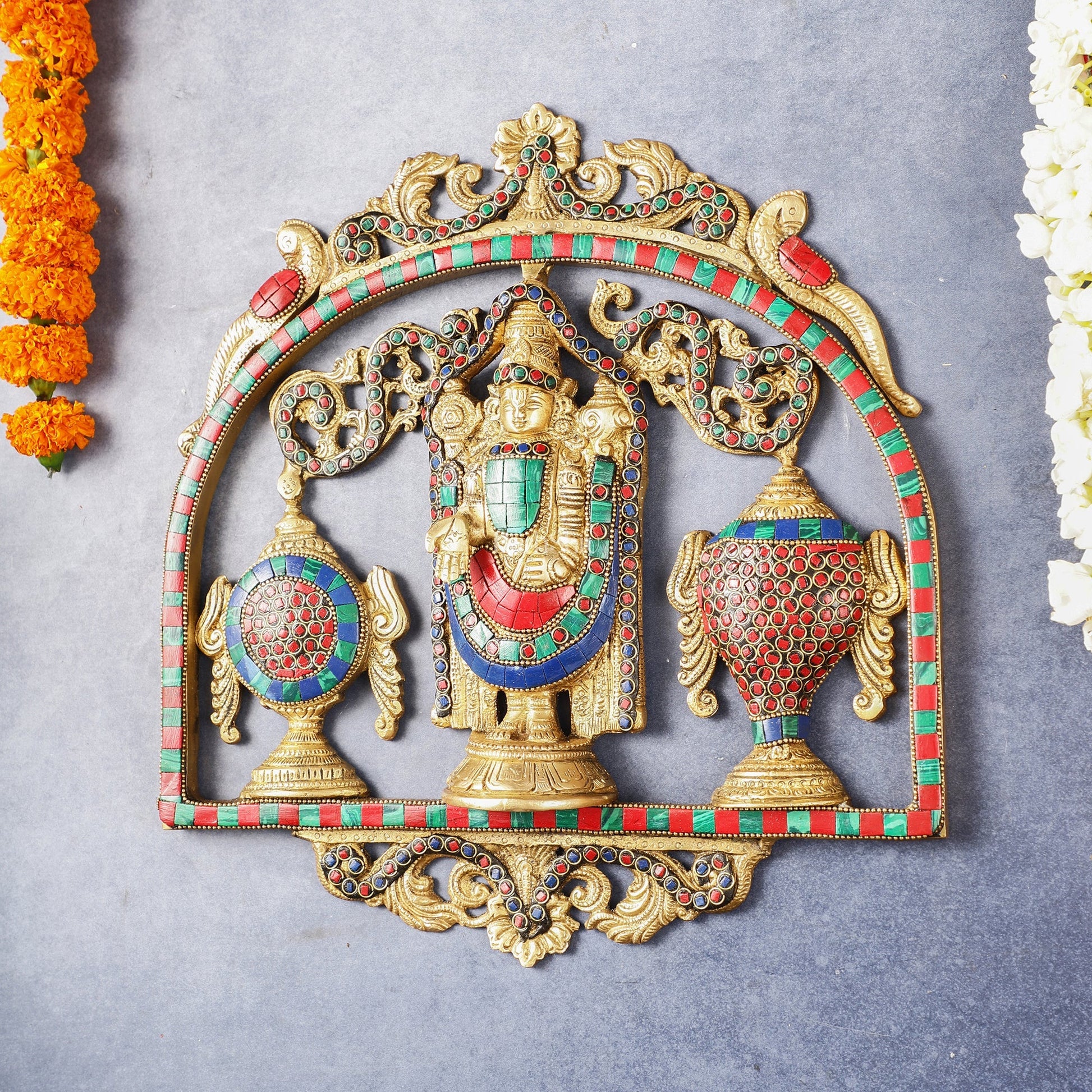 Brass Tirupati Balaji wall hanging with Shankh and Chakra 12 " stonework