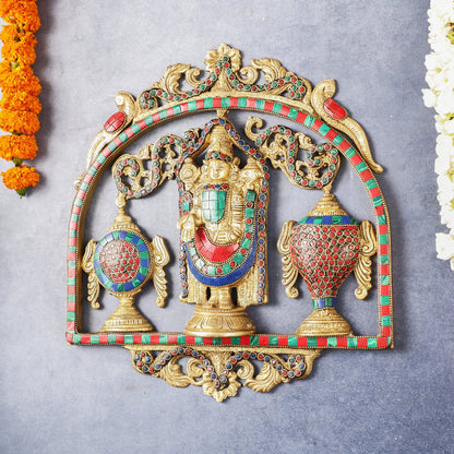 Brass Tirupati Balaji wall hanging with Shankh and Chakra 12 " stonework