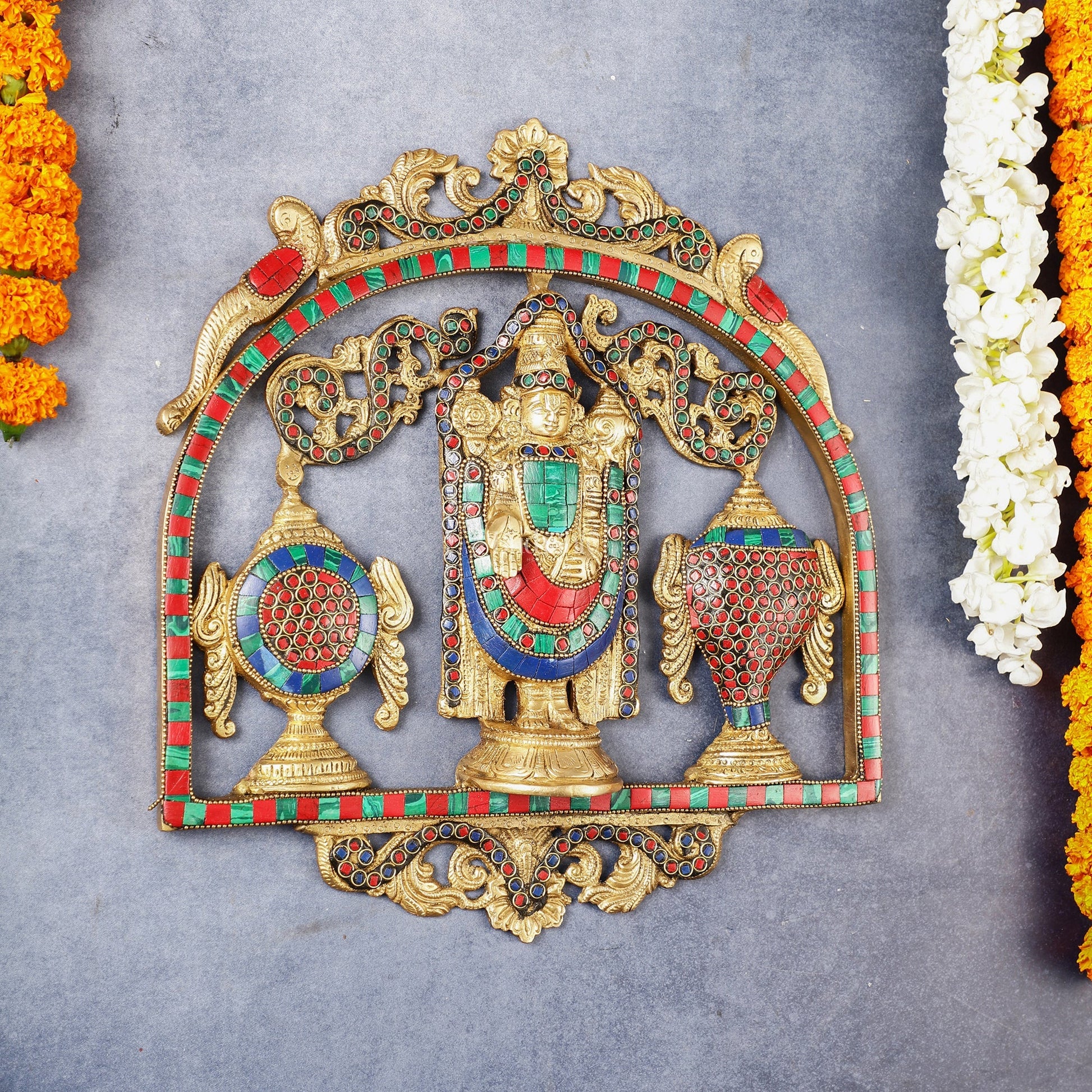 Brass Tirupati Balaji wall hanging with Shankh and Chakra 12 " stonework