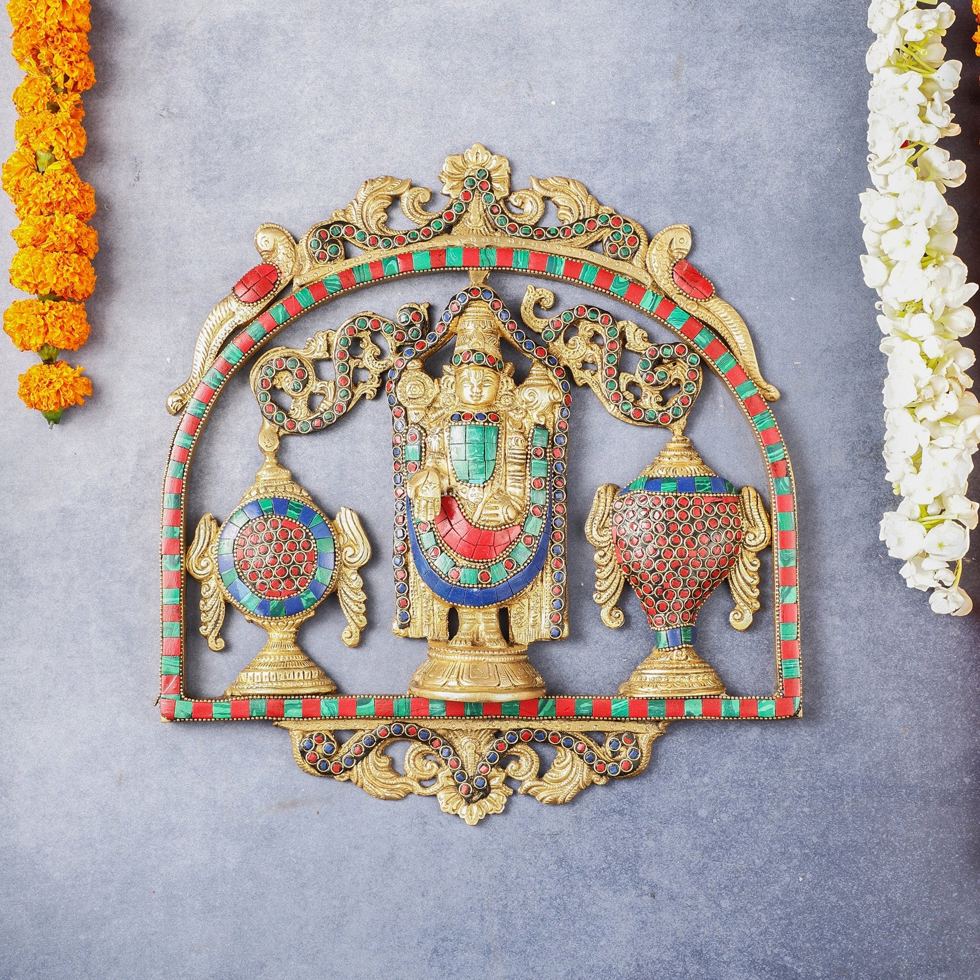 Brass Tirupati Balaji wall hanging with Shankh and Chakra 12 " stonework