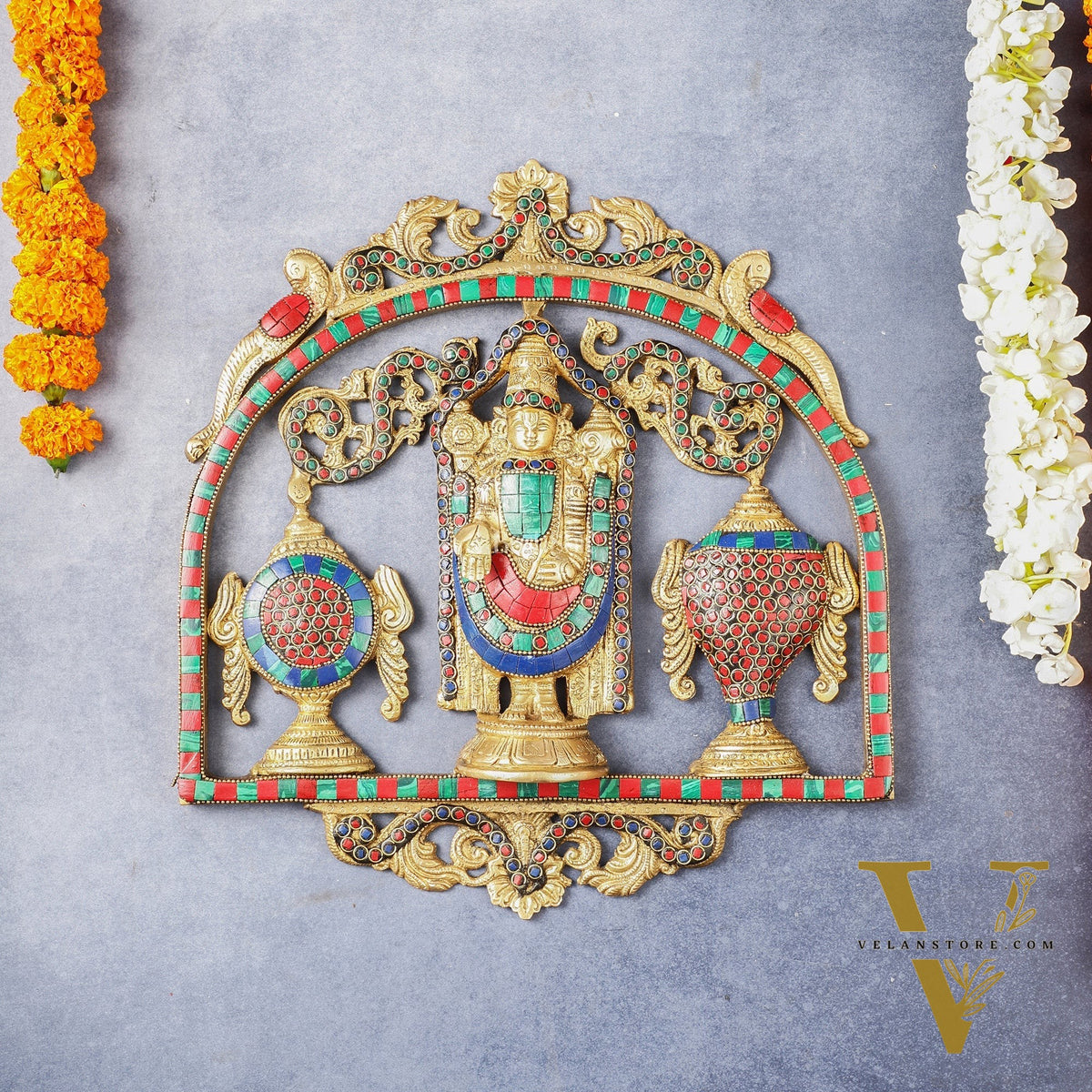 Brass Tirupati Balaji wall hanging with Shankh and Chakra 12 " stonework