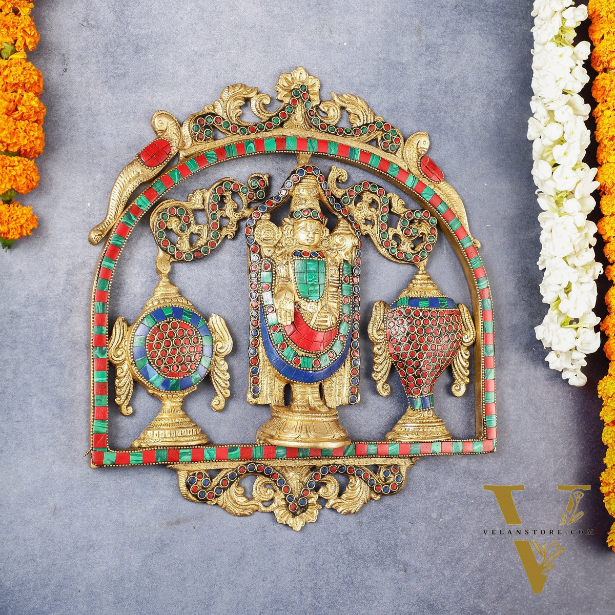 Brass Tirupati Balaji wall hanging with Shankh and Chakra 12 " stonework