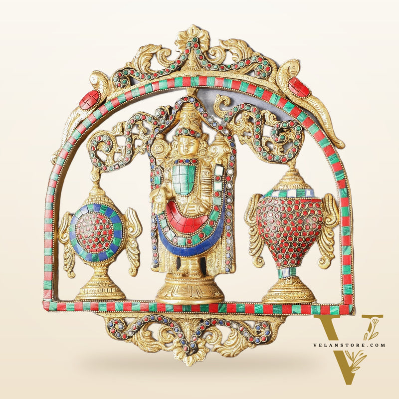 Brass Tirupati Balaji wall hanging with Shankh and Chakra 12 " stonework