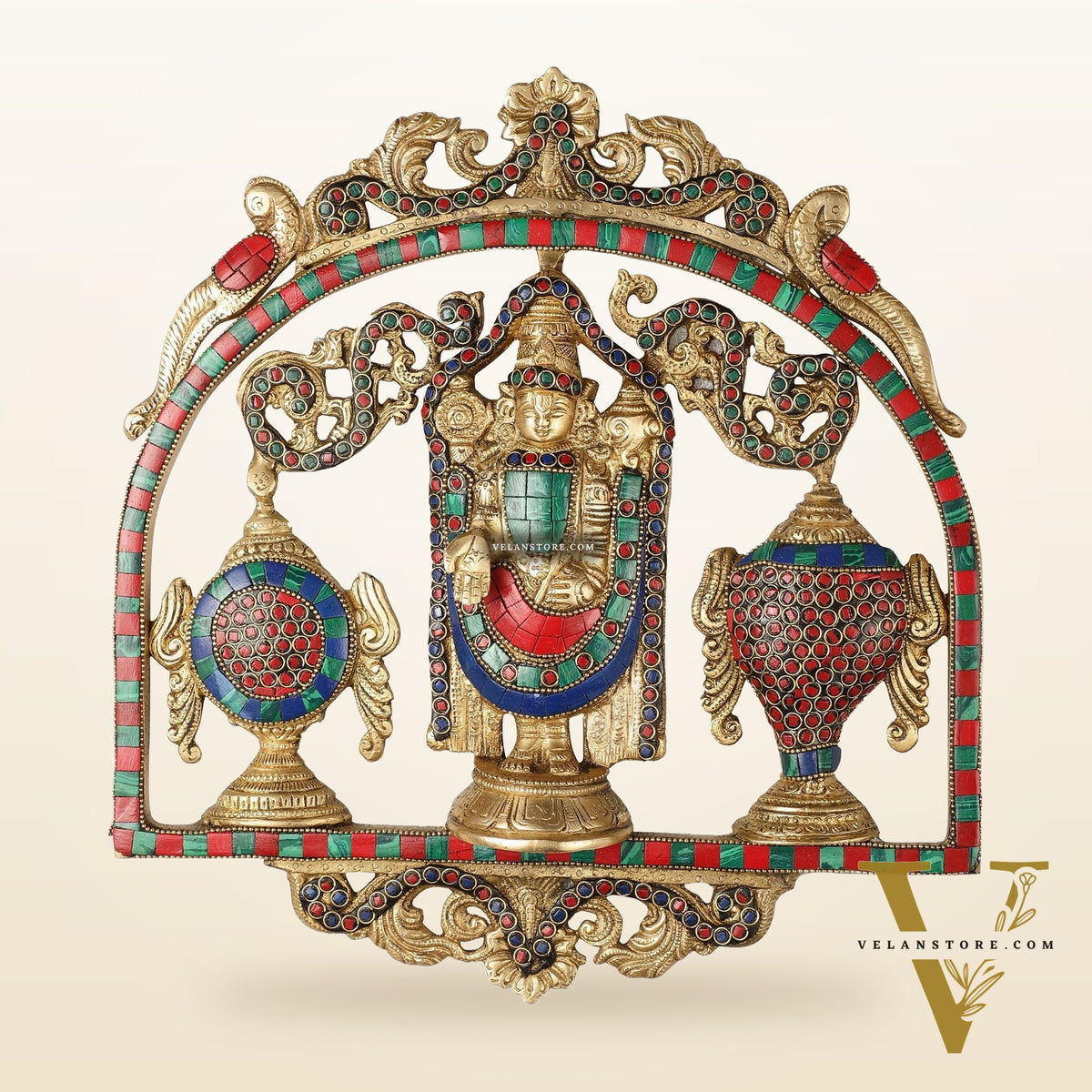 Brass Tirupati Balaji wall hanging with Shankh and Chakra 12 " stonework