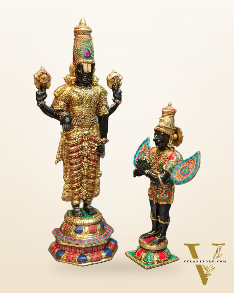 Brass Tirupati Balaji with Garuda Statue shiny Black and Golden Finish
