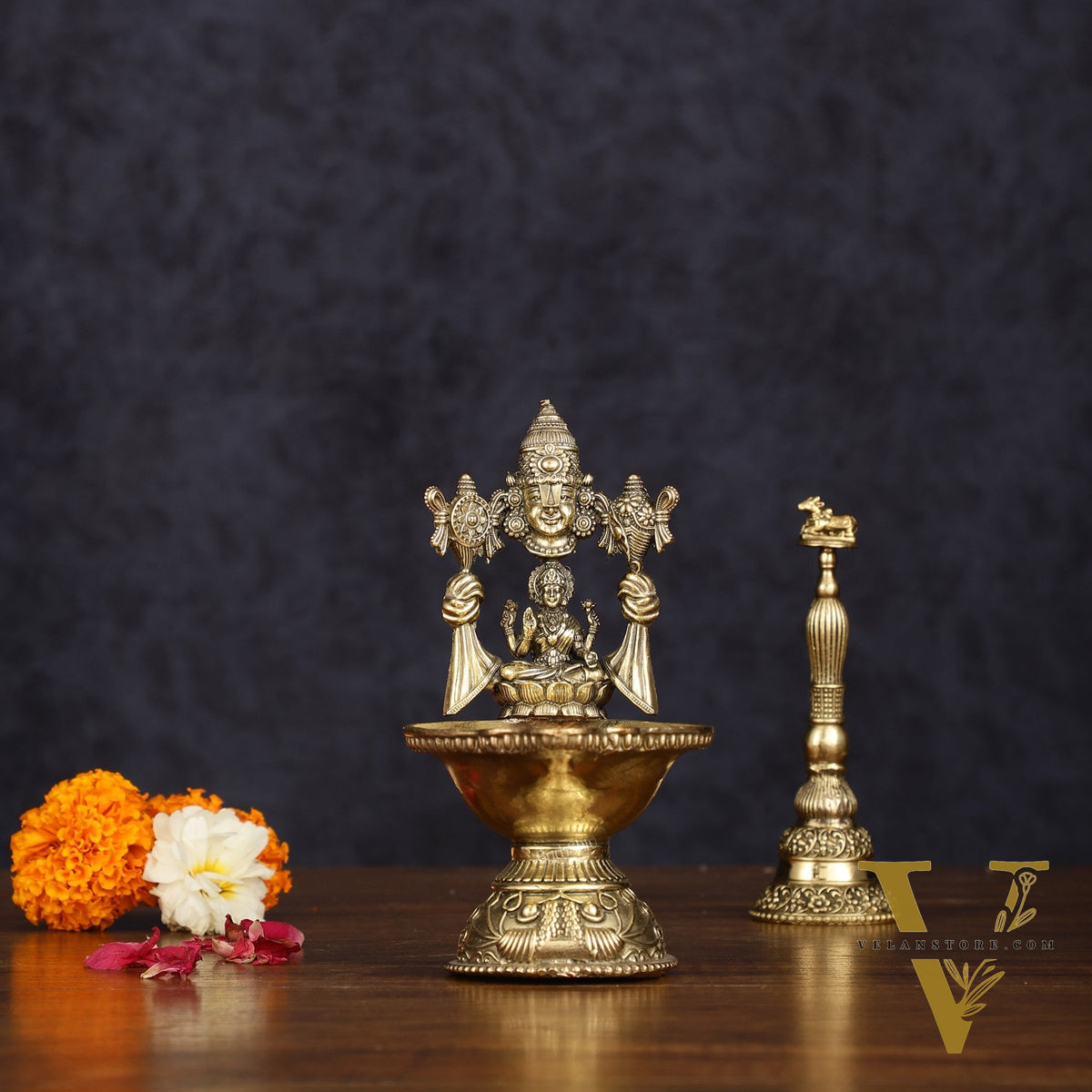 Brass Tirupati Balaji with Lakshmi Diya Oil Lamp 5.5 inch
