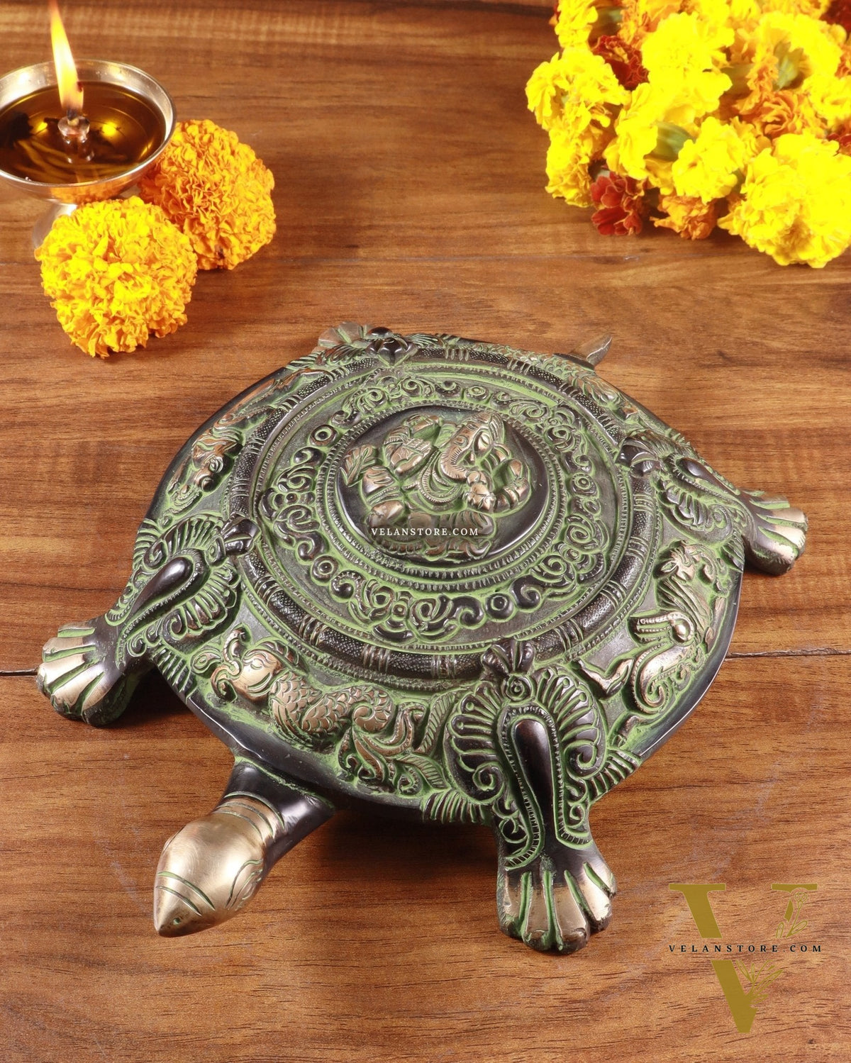 Brass Tortoise with Ganesha engraved black green tone