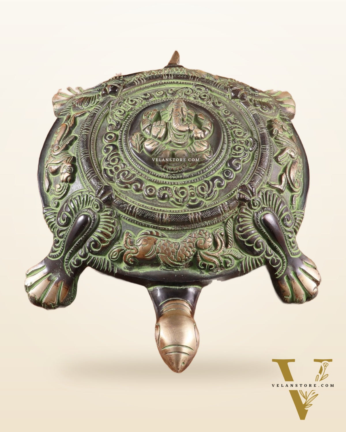 Brass Tortoise with Ganesha engraved black green tone
