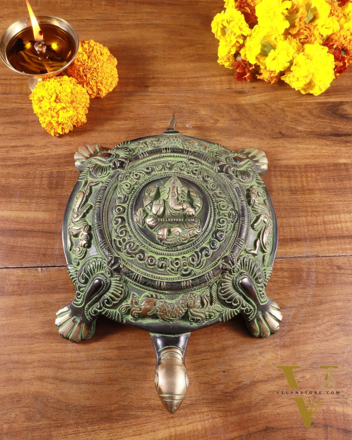 Brass Tortoise with Ganesha engraved black green tone