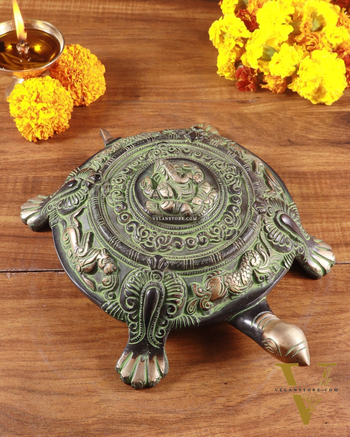Brass Tortoise with Ganesha engraved black green tone
