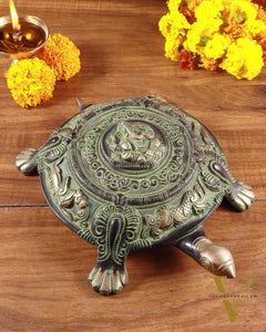 Brass Tortoise with Ganesha engraved black green tone