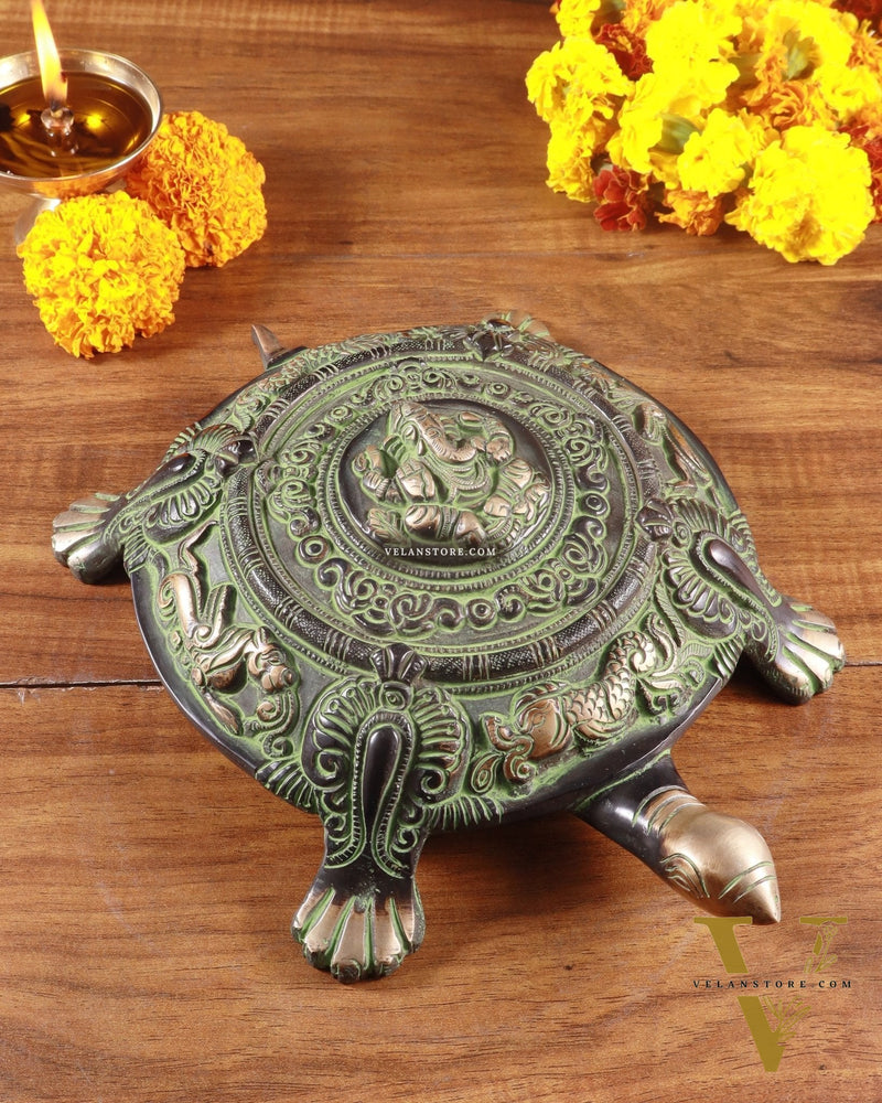 Brass Tortoise with Ganesha engraved black green tone