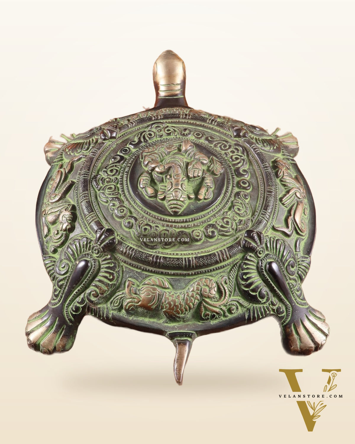 Brass Tortoise with Ganesha engraved black green tone