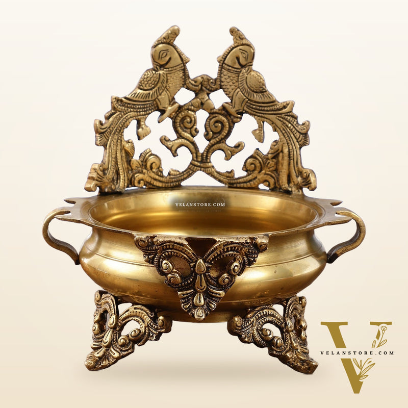 Brass Traditional Twin Peacock Design Urli 9.5 inch