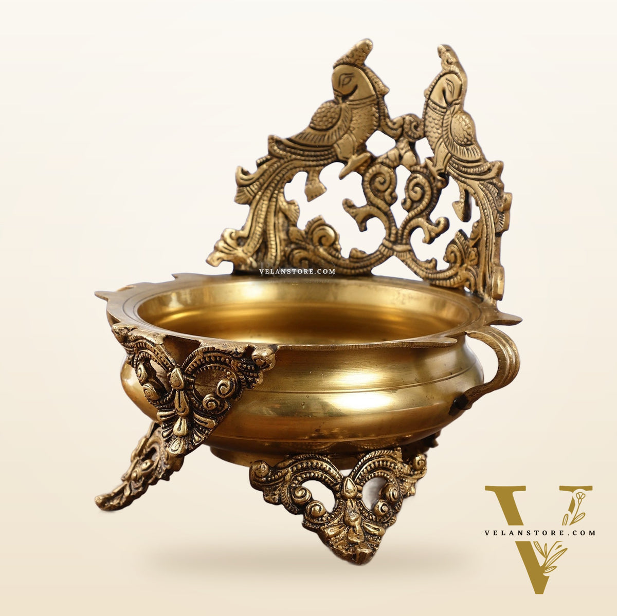 Brass Traditional Twin Peacock Design Urli 9.5 inch