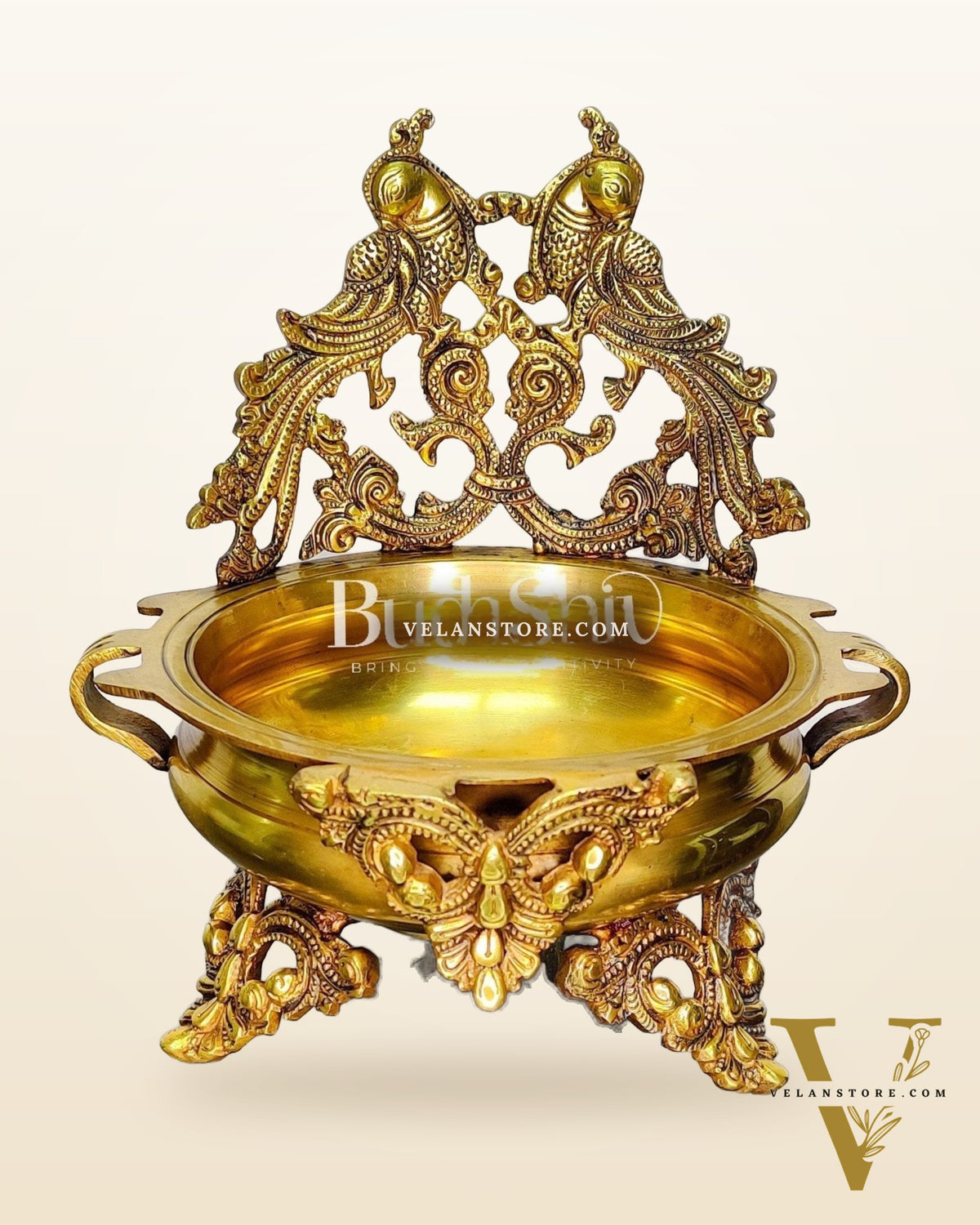 Brass Traditional Twin Peacock Design Urli 9.5 inch