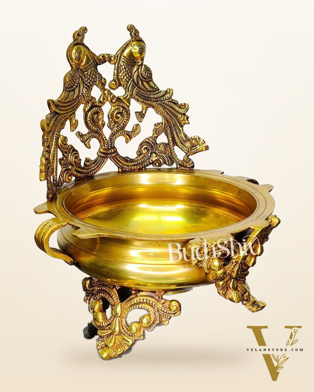 Brass Traditional Twin Peacock Design Urli 9.5 inch