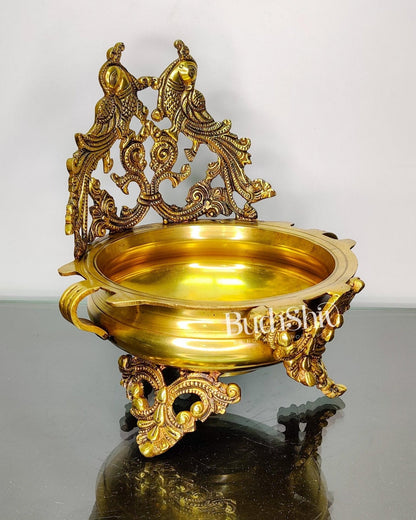 Brass Traditional Twin Peacock Design Urli 9.5 inch