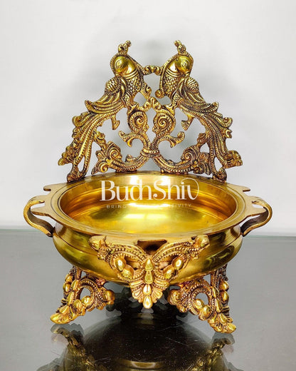 Brass Traditional Twin Peacock Design Urli 9.5 inch