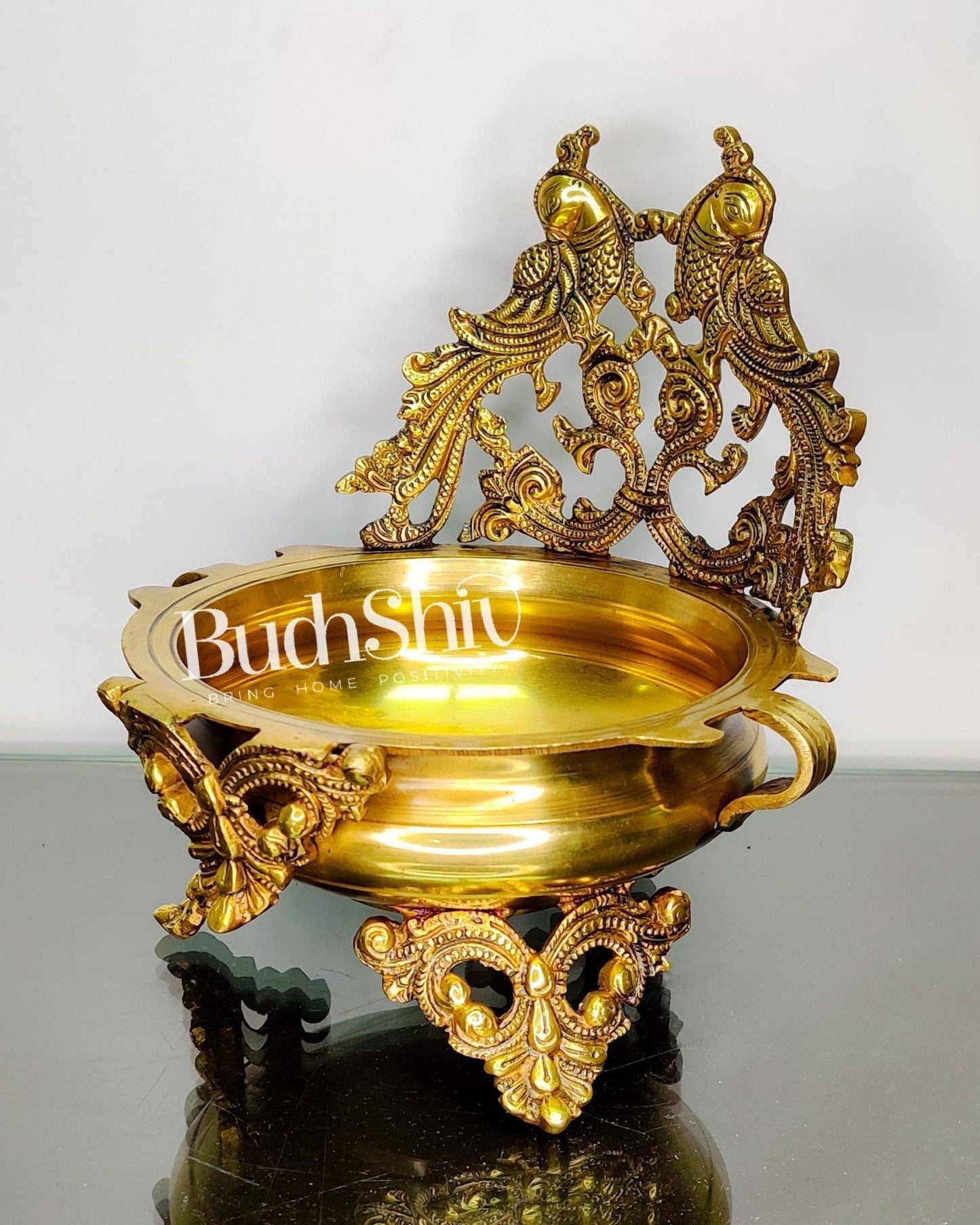 Brass Traditional Twin Peacock Design Urli 9.5 inch