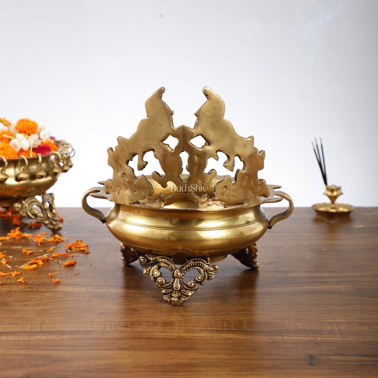 Brass Traditional Twin Peacock Design Urli 9.5 inch