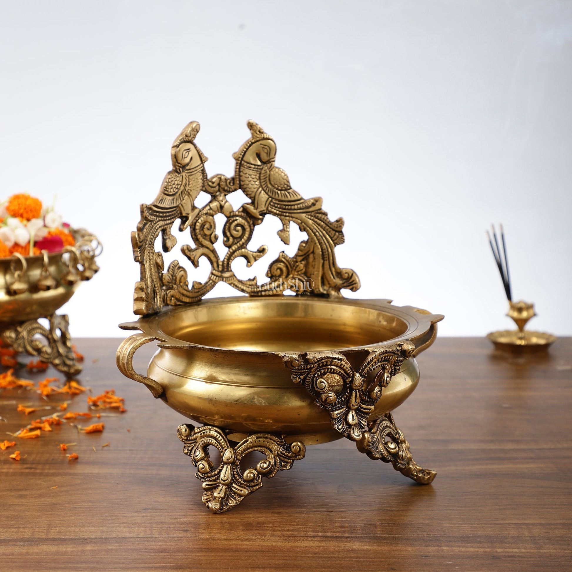 Brass Traditional Twin Peacock Design Urli 9.5 inch