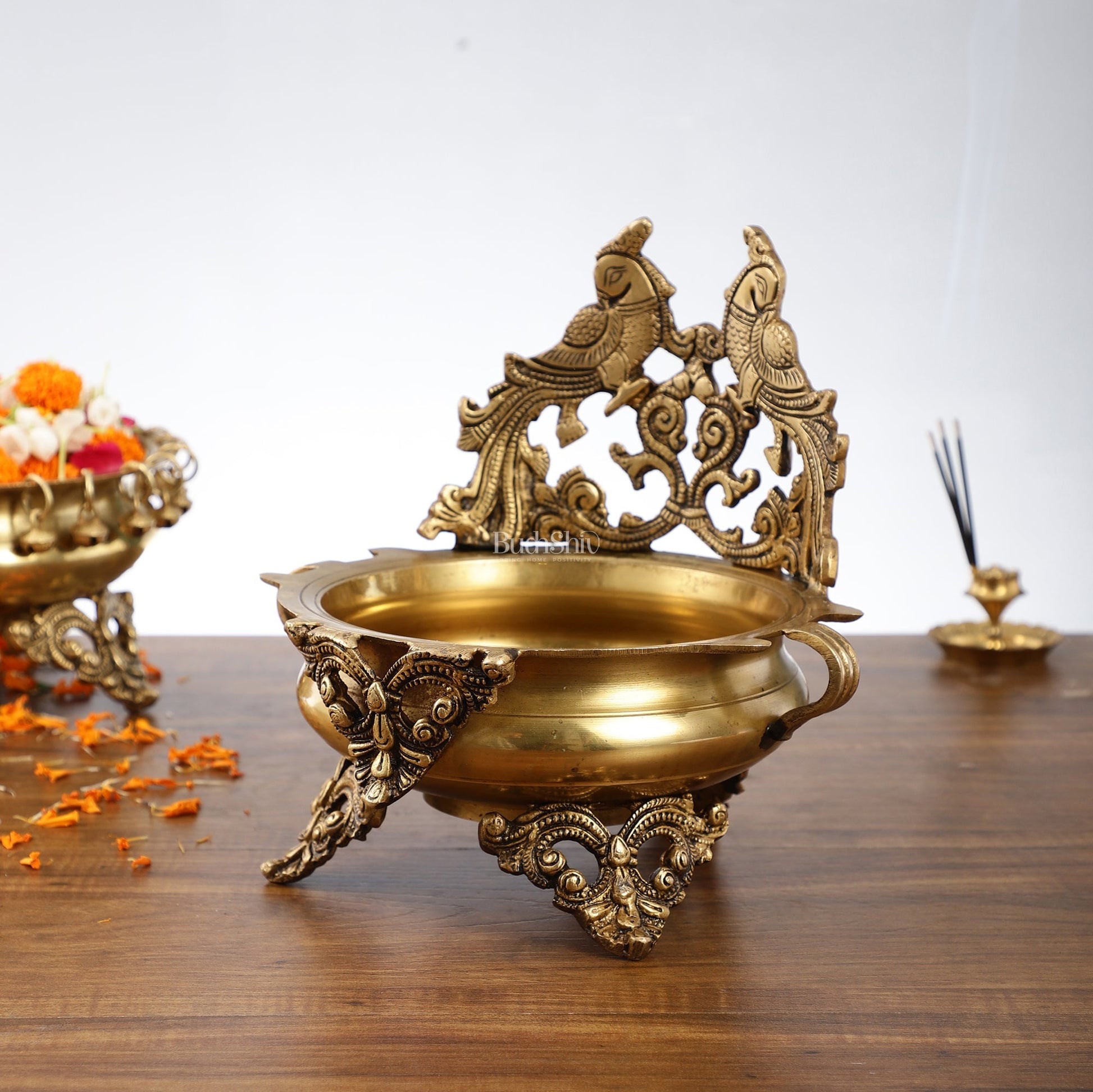 Brass Traditional Twin Peacock Design Urli 9.5 inch