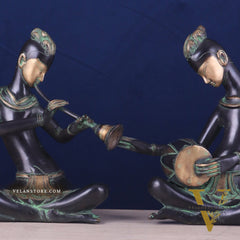 Brass Tribal Musician Pair - Shehnai and Dholak Players - Handcrafted Showpieces