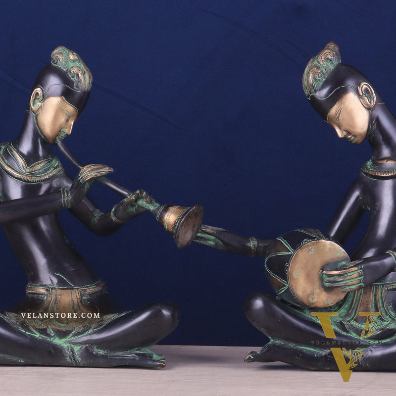 Brass Tribal Musician Pair - Shehnai and Dholak Players - Handcrafted Showpieces