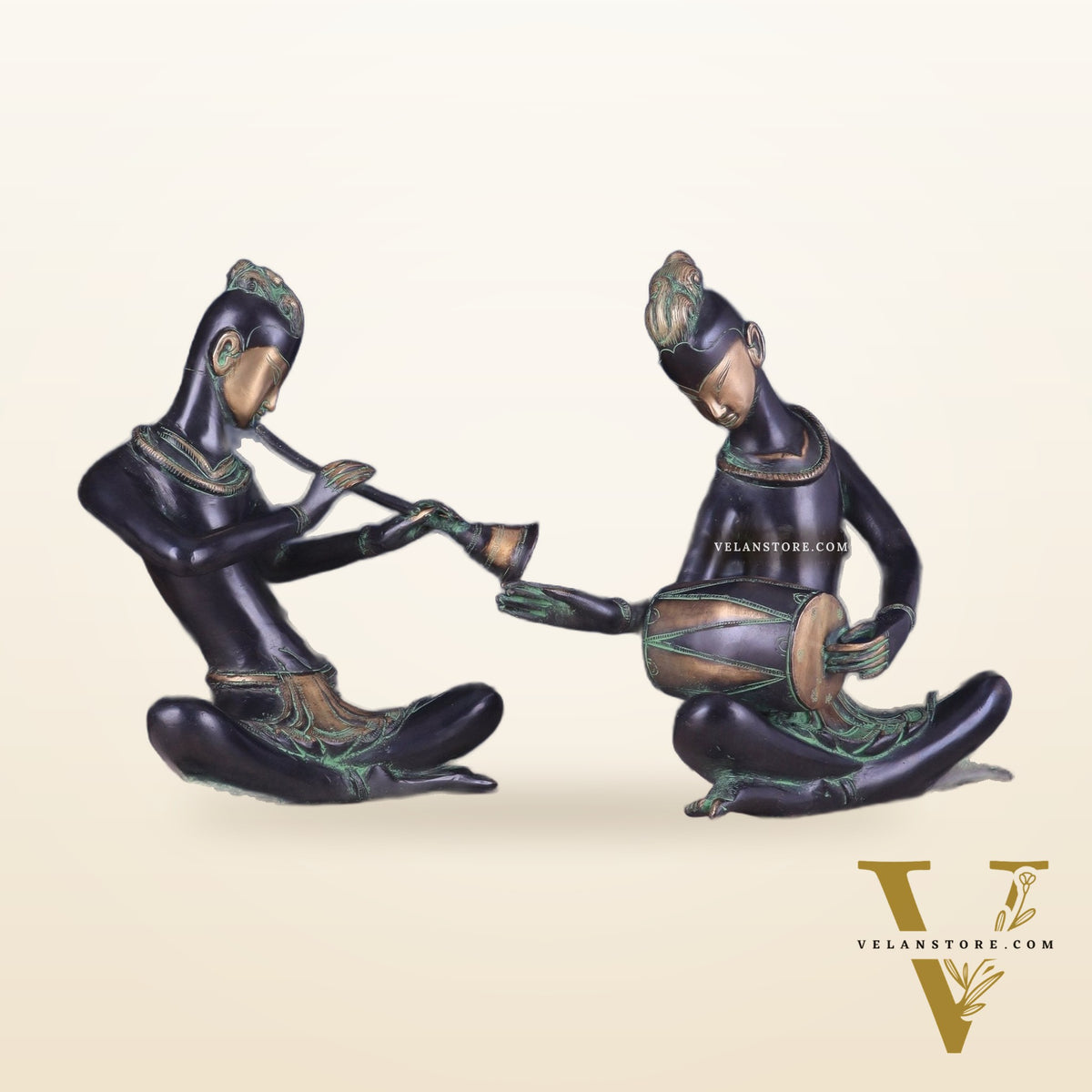 Brass Tribal Musician Pair - Shehnai and Dholak Players - Handcrafted Showpieces