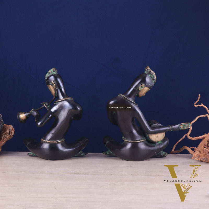 Brass Tribal Musician Pair - Shehnai and Dholak Players - Handcrafted Showpieces