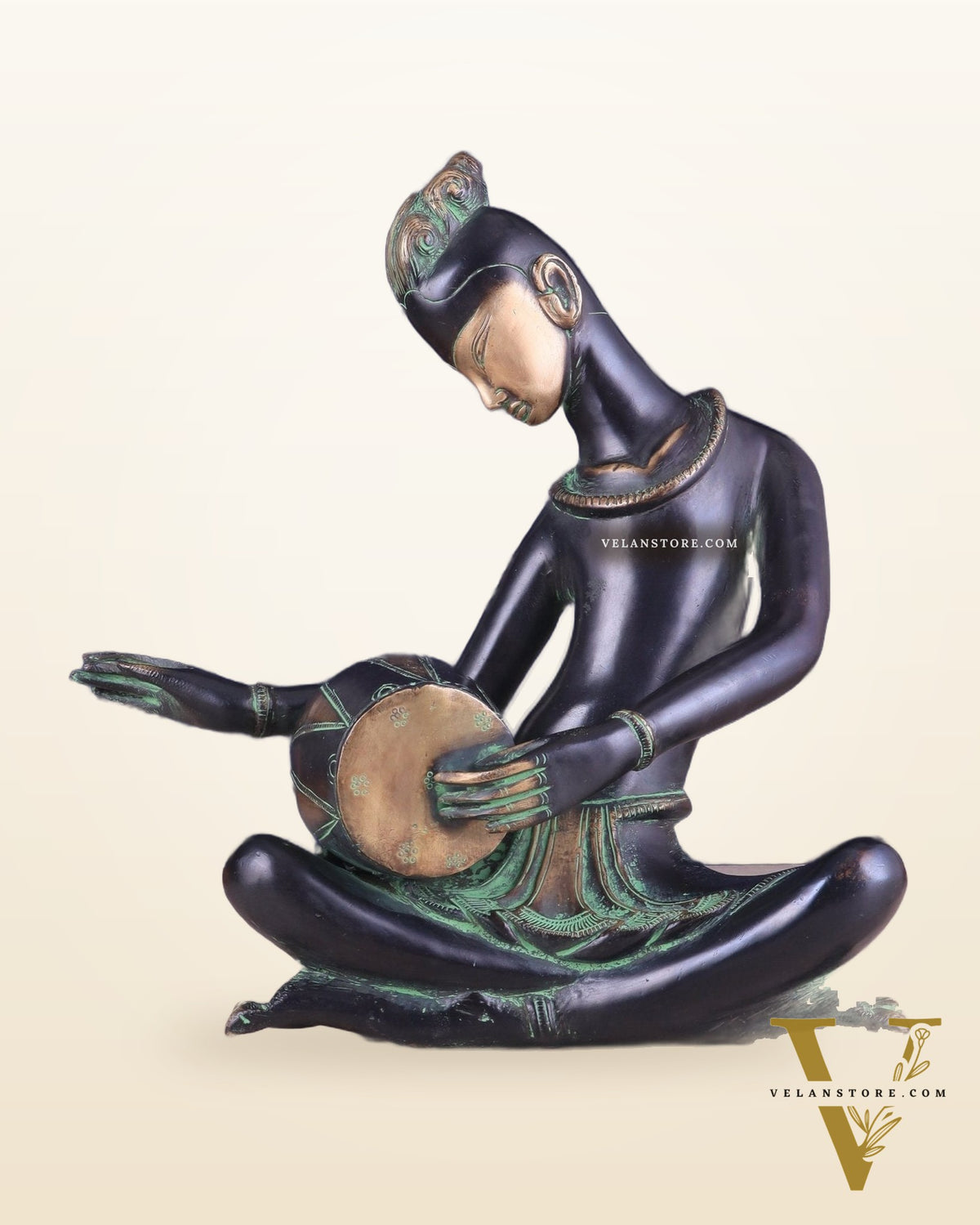 Brass Tribal Musician playing dholak large Showpiece - Vintage Design, 13 Inches