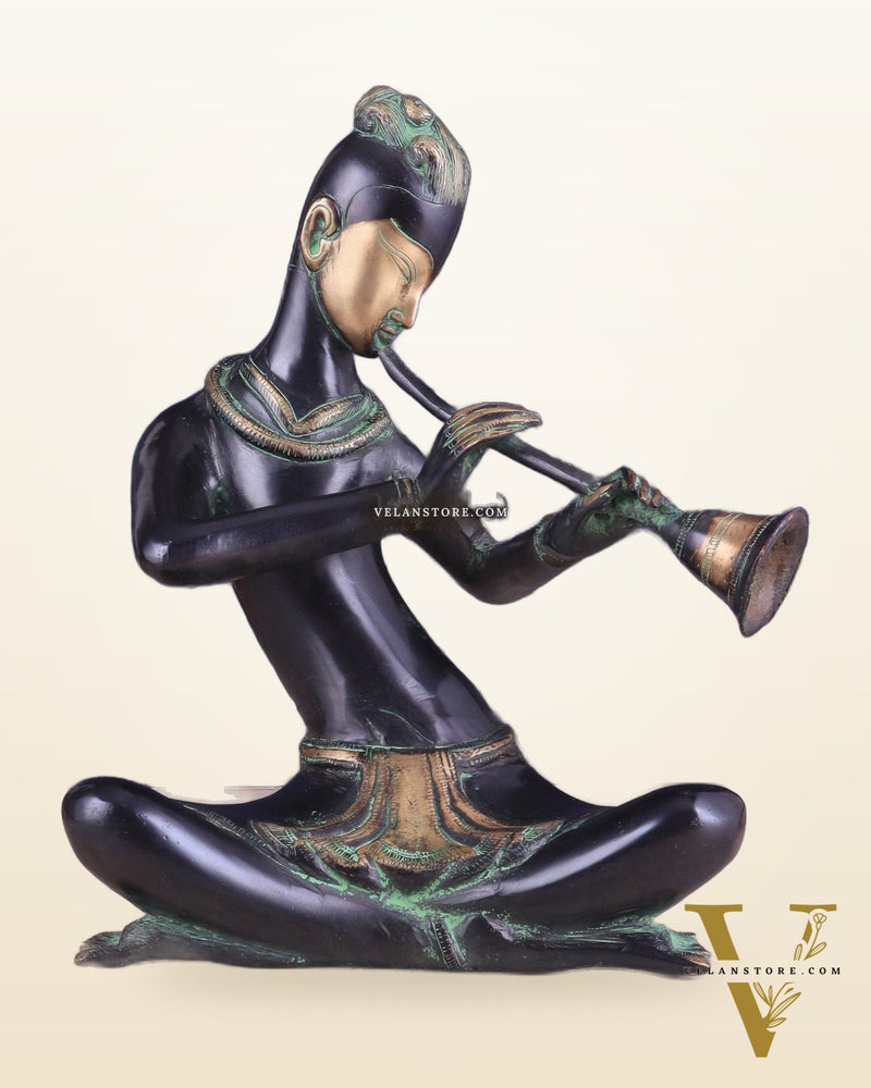 Brass Tribal Musician playing shehnai large Showpiece - Vintage Design, 13 Inches