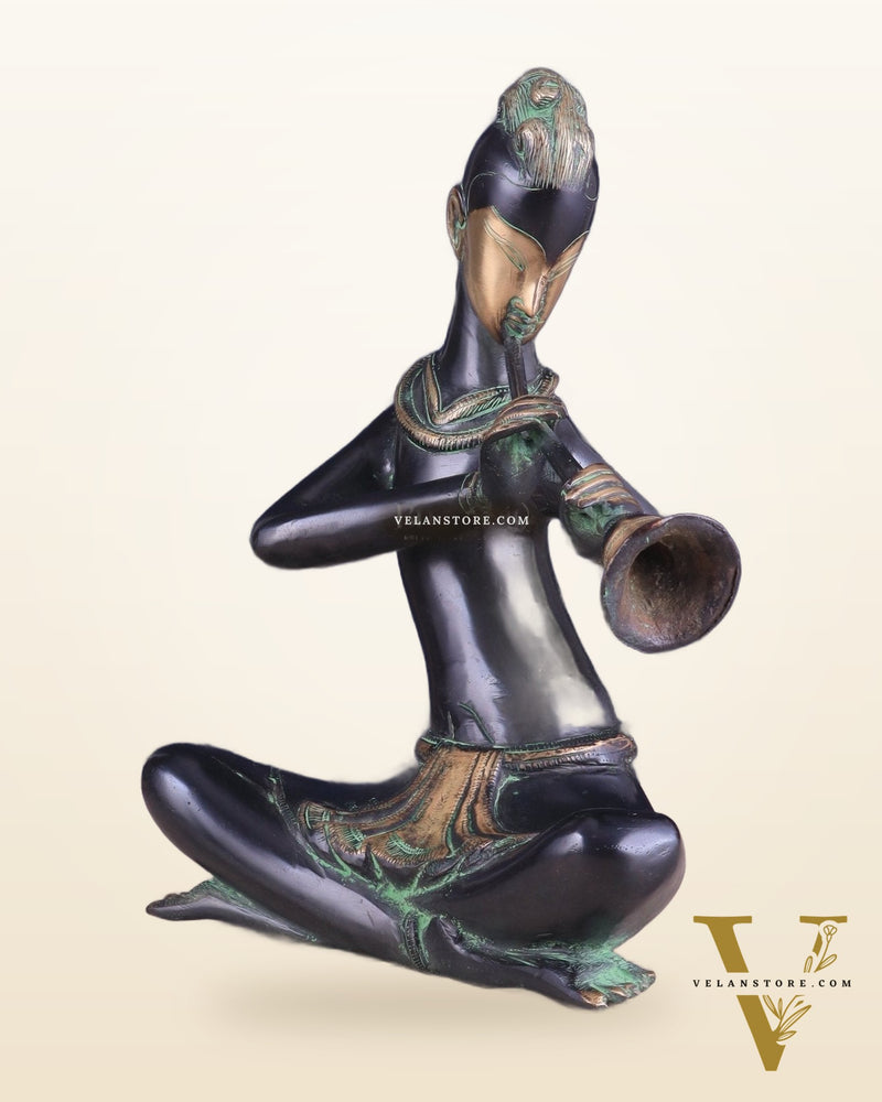Brass Tribal Musician playing shehnai large Showpiece - Vintage Design, 13 Inches