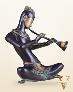 Brass Tribal Musician playing shehnai large Showpiece - Vintage Design, 13 Inches