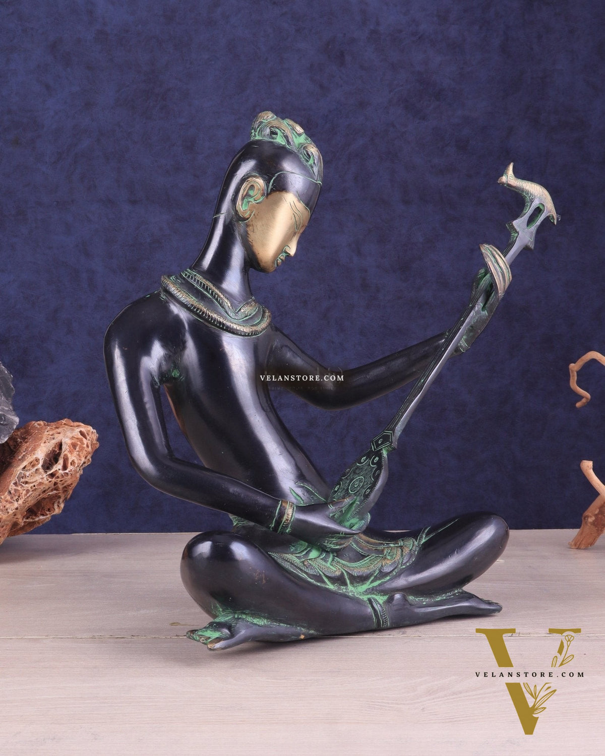Brass Tribal Musician sitar player large Showpiece - Vintage Design, 13 Inches