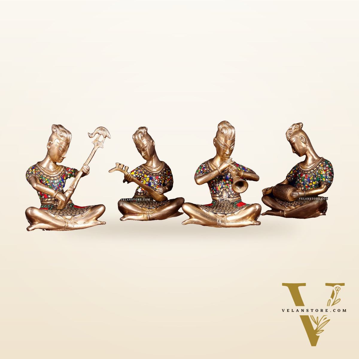 Brass Tribal Musicians Set with abstract Stonework | Height: 9 inch