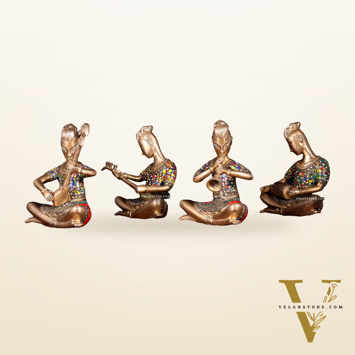 Brass Tribal Musicians Set with abstract Stonework | Height: 9 inch